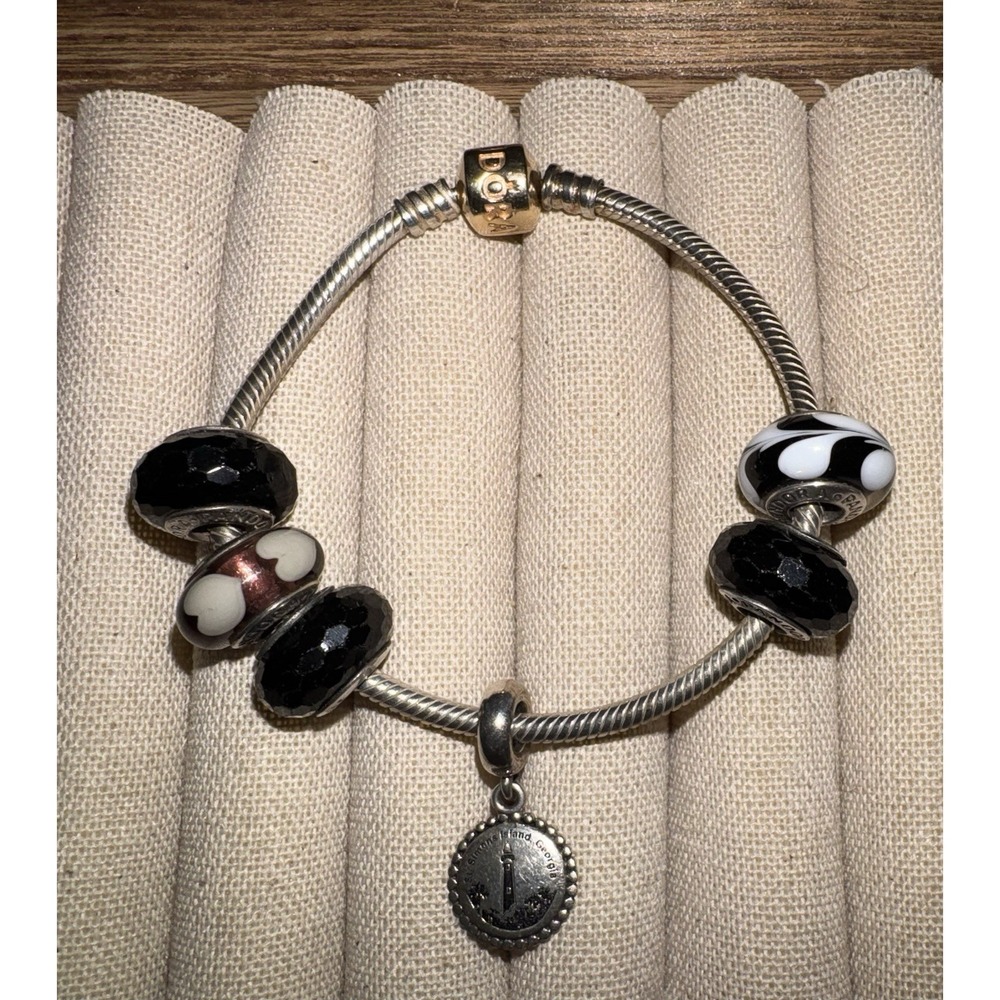 Pandora Gold Barrel Clasp 925 Sterling Silver Snake Bracelet ALE + 6 Charms 34g - Picture 6 of 9